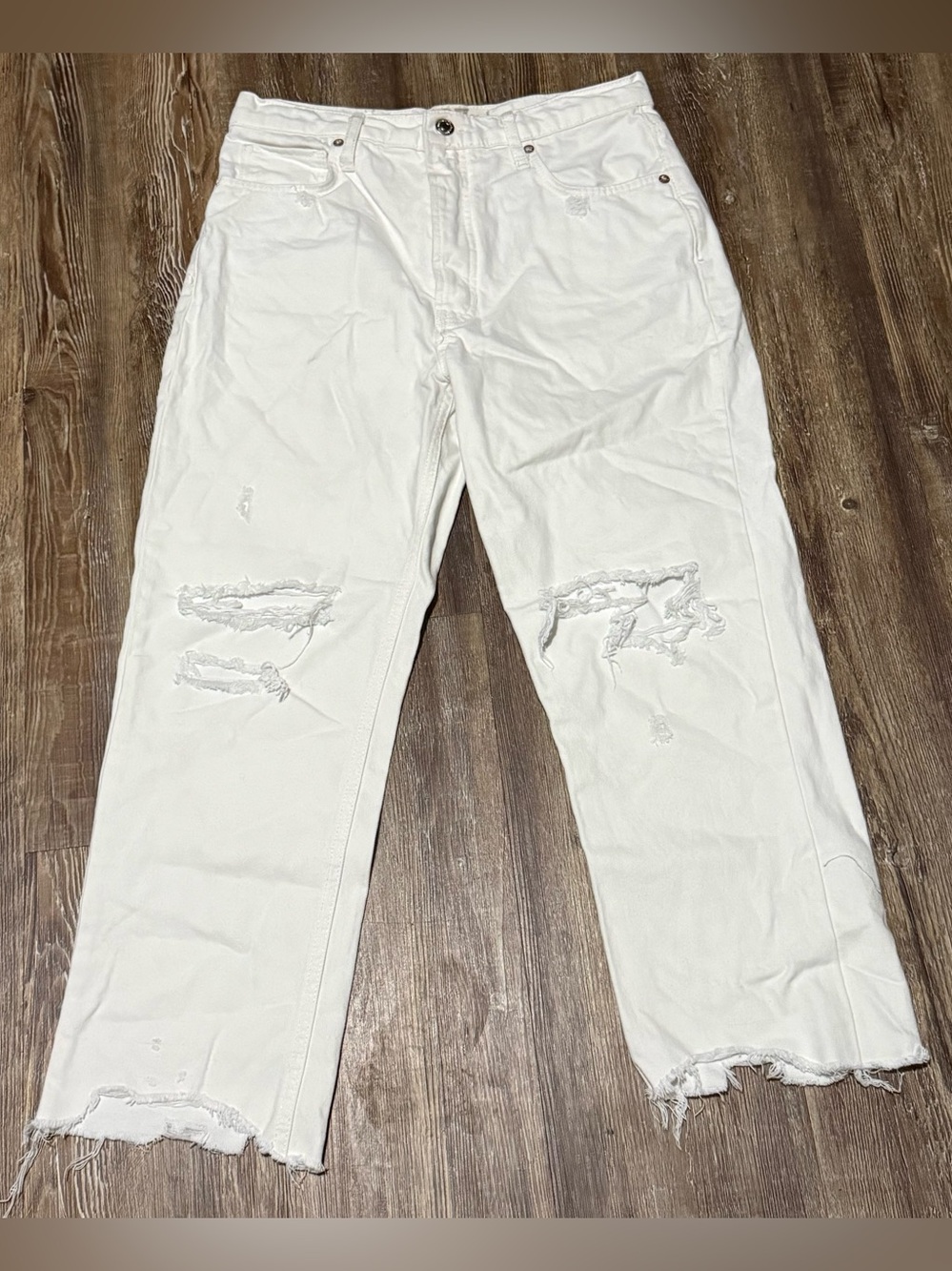 We The Free Cropped Jeans Women's 27 White Distressed Button Fly Frayed Hem